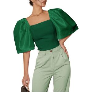 image:imageFloerns Womens Square Neck Puff Short Sleeve Elegant Blouse Crop TopDark Green