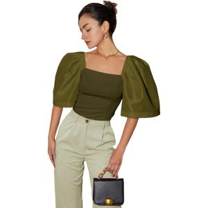 image:imageFloerns Womens Square Neck Puff Short Sleeve Elegant Blouse Crop TopOlive Green