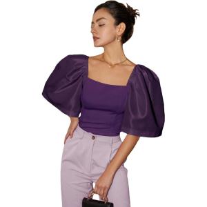 image:imageFloerns Womens Square Neck Puff Short Sleeve Elegant Blouse Crop TopPurple