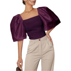 image:imageFloerns Womens Square Neck Puff Short Sleeve Elegant Blouse Crop TopRed Violet