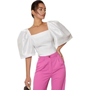 image:imageFloerns Womens Square Neck Puff Short Sleeve Elegant Blouse Crop TopWhite