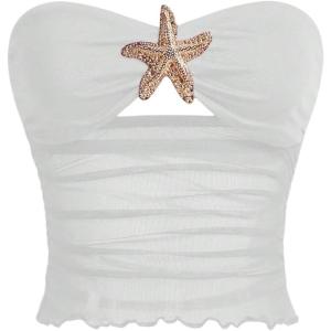 image:imageFloerns Womens Starfish Cut Out Strapless Tube Top Mesh Sheer Ruched Going Out BandeauWhite