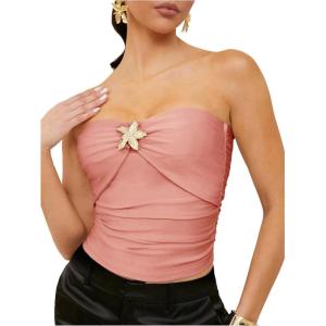 image:imageFloerns Womens Starfish Floral Sleeveless Bandeau Crop Tops Ruched 2026 Beach Vacation Tube TopDusty Pink