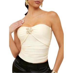 image:imageFloerns Womens Starfish Floral Sleeveless Bandeau Crop Tops Ruched 2026 Beach Vacation Tube TopWhite