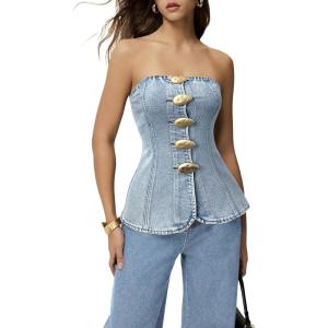 image:imageFloerns Womens Strapless Metal Button Front Tube TopLight Wash