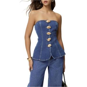 image:imageFloerns Womens Strapless Metal Button Front Tube TopMedium Wash
