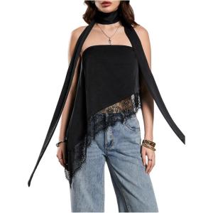 image:imageFloerns Womens Strapless Tube Tops Lace Asymmetrical Hem Going Out Tops with ScarfBlack