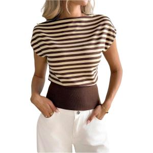 image:imageFloerns Womens Striped Boat Neck T Shirt Summer Cinched Waist Short Sleeve Dressy Casual TopsBrown