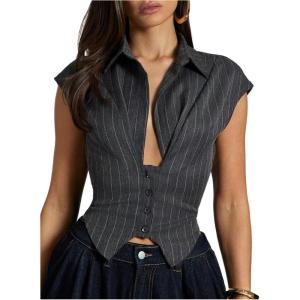 image:imageFloerns Womens Striped Button Down Shirts Cap Sleeve Going Out Blouses TopsDark Grey