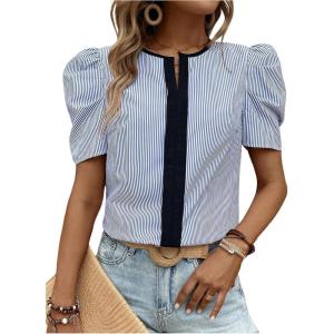 image:imageFloerns Womens Striped Print Puff Sleeve Shirt Notched Neck Colorblock Blouse TopsBlue Multi