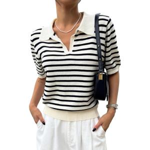 image:imageFloerns Womens Striped Print Short Sleeve Collar Neck Knitted Casual Tee ShirtBlack and White