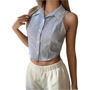 image:imageFloerns Womens Striped Print Sleeveless Vest Shirts Button Down Blouse Crop TopBlue