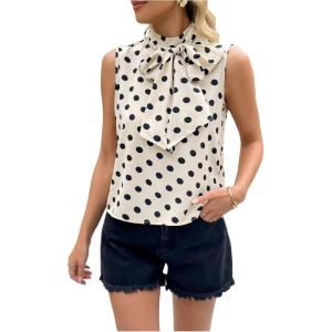 image:imageFloerns Womens Summer Dressy Tank Top Polka Dots Bow Sleeveless Business Casual Tops Blouses Office Work ShirtWhite Multi