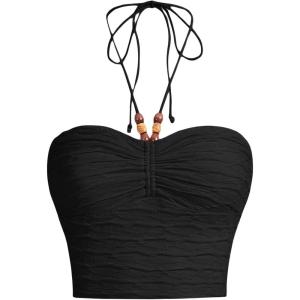 image:imageFloerns Womens Tie Backless Sleeveless Ruched Knitted Halter Crop TopAblack