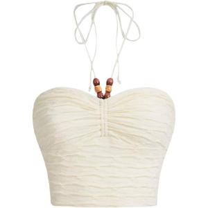image:imageFloerns Womens Tie Backless Sleeveless Ruched Knitted Halter Crop TopBeige