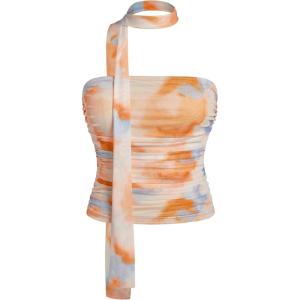 image:imageFloerns Womens Tie Dye Strapless Tube Top Sleeveless Ruched Bandeau with ScarfBeige Multi