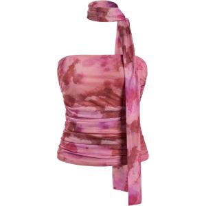 image:imageFloerns Womens Tie Dye Strapless Tube Top Sleeveless Ruched Bandeau with ScarfPink