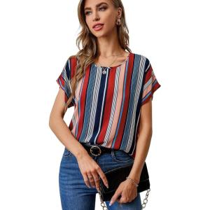 image:imageFloerns Womens Tropical Print Short Sleeve Round Neck Blouse TopBeige Red Striped