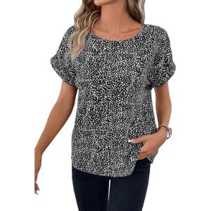 image:imageFloerns Womens Tropical Print Short Sleeve Round Neck Blouse TopBlack Dull Dalmatian