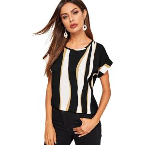 image:imageFloerns Womens Tropical Print Short Sleeve Round Neck Blouse TopBlack Multi