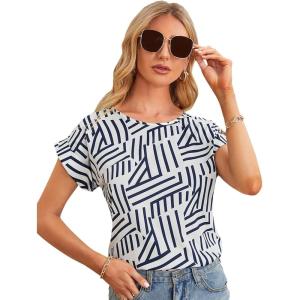 image:imageFloerns Womens Tropical Print Short Sleeve Round Neck Blouse TopBlue and White