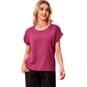 image:imageFloerns Womens Tropical Print Short Sleeve Round Neck Blouse TopHot Pink