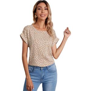 image:imageFloerns Womens Tropical Print Short Sleeve Round Neck Blouse TopKhaki