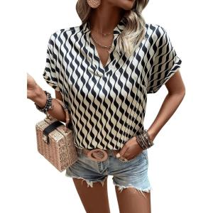 image:imageFloerns Womens Tropical Print Short Sleeve Round Neck Blouse TopKhaki and Black