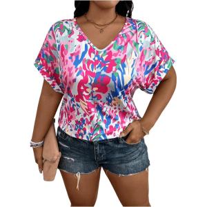 image:imageFloerns Womens Tropical Print Short Sleeve Round Neck Blouse TopPink X