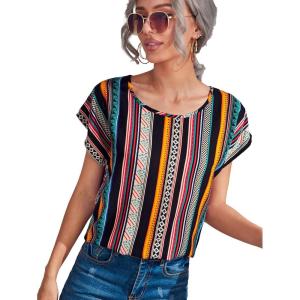 image:imageFloerns Womens Tropical Print Short Sleeve Round Neck Blouse TopStriped Multi