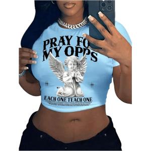 image:imageFloerns Womens Y2k Graphic Crew Neck Short Sleeve Tee Shirt Vintage Crop Tee TopsLight Blue