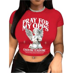 image:imageFloerns Womens Y2k Graphic Crew Neck Short Sleeve Tee Shirt Vintage Crop Tee TopsRed