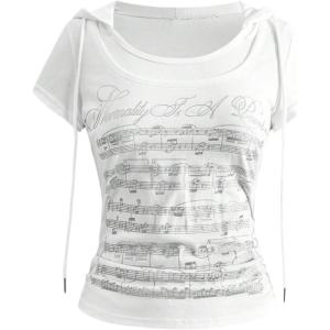 image:imageFloerns Womens Y2k Graphic Tees Short Sleeve Ruched Scoop Neck 2 in 1 HoodieWhite