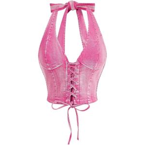 image:imageFloerns Womens Y2k Halter V Neck Backless Denim Top Shirred Lace Up Tie Back Crop TopPink