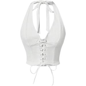 image:imageFloerns Womens Y2k Halter V Neck Backless Denim Top Shirred Lace Up Tie Back Crop TopWhite