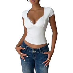 image:imageFloerns Womens Y2k Lace Trim V Neck T Shirts Cap Sleeve Fitted Summer Crop TopsWhite