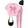 image:imageFloerns Girls 2 Piece Outfit Bow Short Sleeve T Shirts and Cheetah Print Leggings SetPink Multi