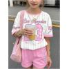 image:imageFloerns Girls 2 Piece Outfits Graphic Print Drop Shoulder Tee amp Contrast Binding Track Shorts Clothing SetPink and White
