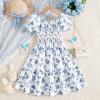 image:imageFloerns Girls Boho Floral Print Puff Short Sleeve A Line Dress Ruffle Hem Summer DressesWhite and Blue