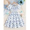 image:imageFloerns Girls Boho Floral Print Puff Short Sleeve A Line Dress Ruffle Hem Summer DressesWhite and Blue