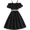 image:imageFloerns Girls Cold Shoulder Ruffle Trim Short Sleeve Belted A Line Midi DressBlack