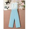image:imageFloerns Girls Floral Print Sleeveless Ruffle Trim Belted Pants JumpsuitLight Blue