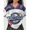 image:imageFloerns Girls Jersey Shirt Printed Oversized Short Sleeve Mesh Tee Shirts V Neck Sport Jersey ShirtsBlue and White