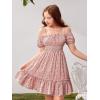image:imageFloerns Girls Summer Boho Floral Dress Puff Short Sleeve Cold Shoulder Ruffle Hem A Line DressPink