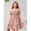 image:imageFloerns Girls Summer Boho Floral Dress Puff Short Sleeve Cold Shoulder Ruffle Hem A Line DressPink