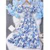 image:imageFloerns Girls Summer Floral Bow Front Puff Sleeve Dress Shirred Tiered Ruffle Hem A Line Long DressBlue