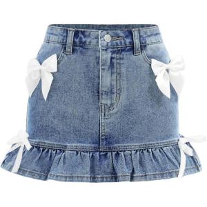image:imageFloerns Girls Cute Bow Denim Skirt Y2k Straight Pencil Jean Mini SkirtBlue