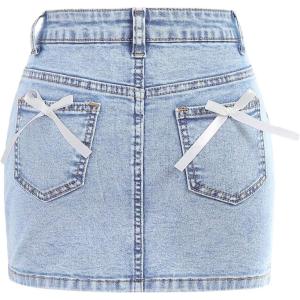 image:imageFloerns Girls Cute Bow Denim Skirt Y2k Straight Pencil Jean Mini SkirtLight Blue