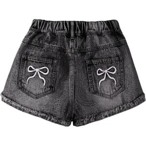 image:imageFloerns Girls Cute Bow Embroidery Jean Shorts Elastic Waist Raw Hem Ripped Denim ShortsBlack