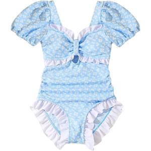 image:imageFloerns Girls One Piece Swimsuit Floral Ruffle Trim Square Neck Short Sleeve BeachwearBlue and White